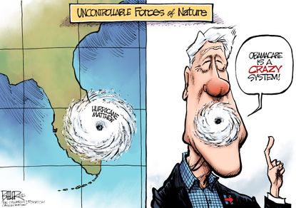 Editorial cartoon U.S. Hurricane Matthew Bill Clinton Obamacare