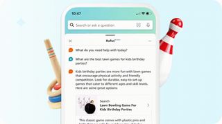 Amazon Rufus, AI assistant for the Amazon mobile app answering a query about kids birthday party games and supplying answers with recommended products.