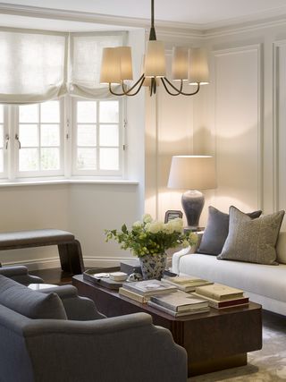 Cozy neutral living room with a ceiling light and a table lamp switched on