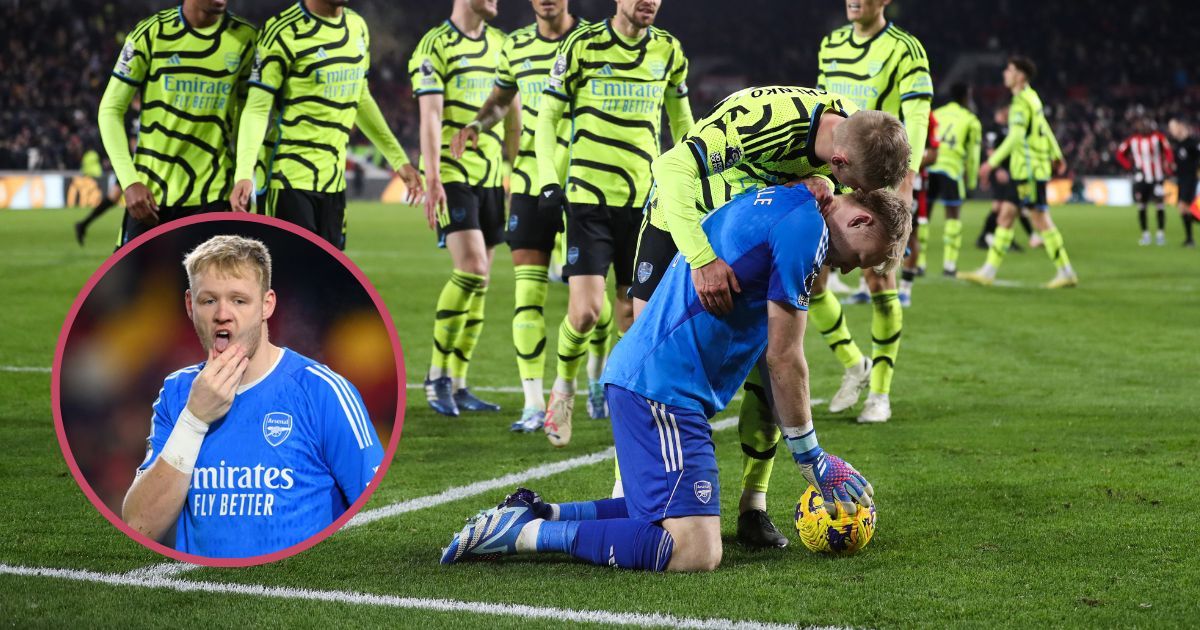  Arsenal goalkeeper Aaron Ramsdale is embraced by his team mates after full time during the Premier League match between Brentford FC and Arsenal FC at Gtech Community Stadium on November 25, 2023 in Brentford, England