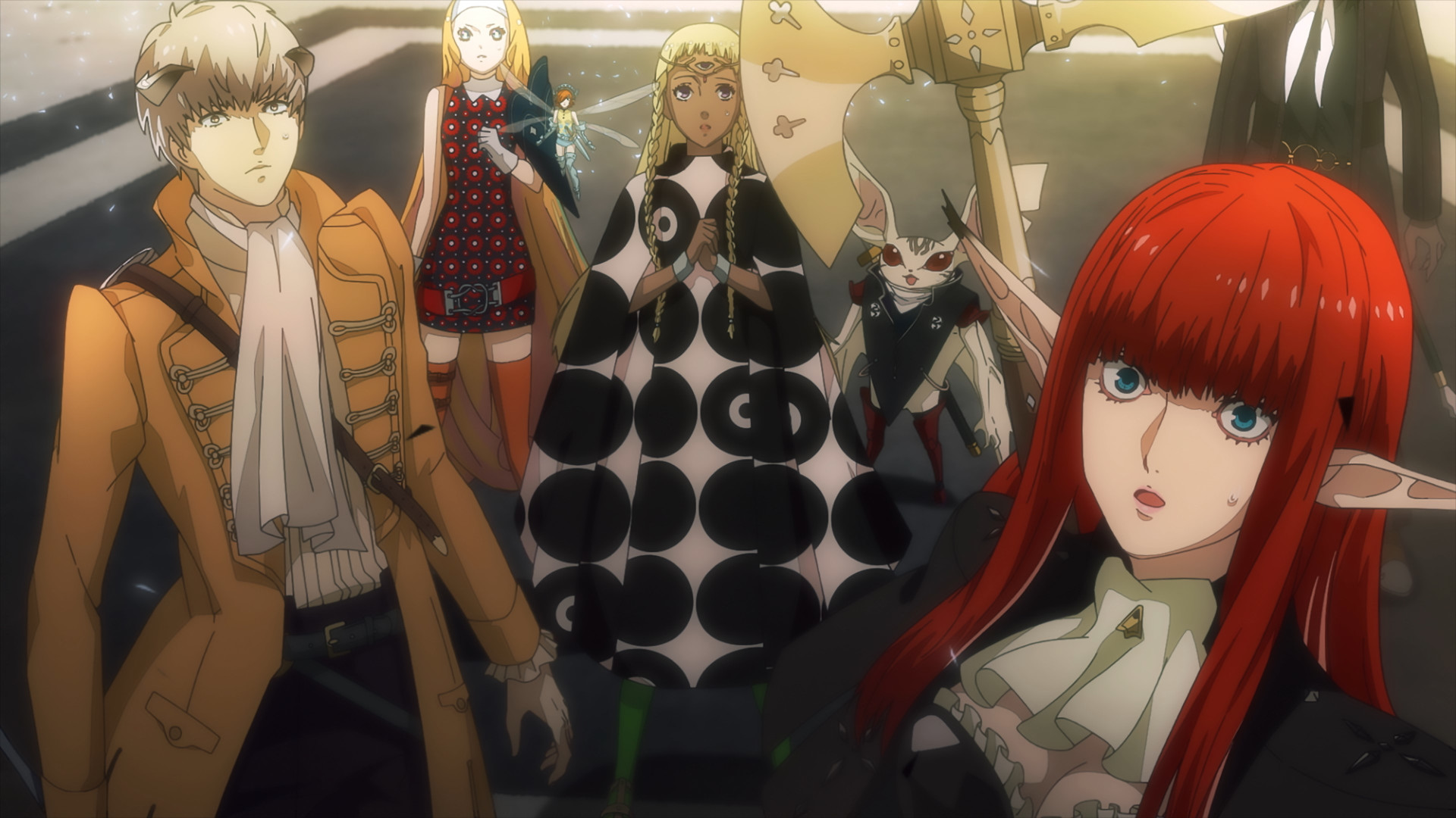 In Metaphor: ReFantazio, a woman with elven features and long hair looks surprised alongside a group of characters who look out with curious expressions