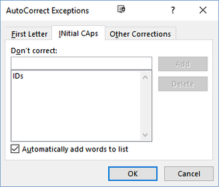 word autocorrections exceptions add