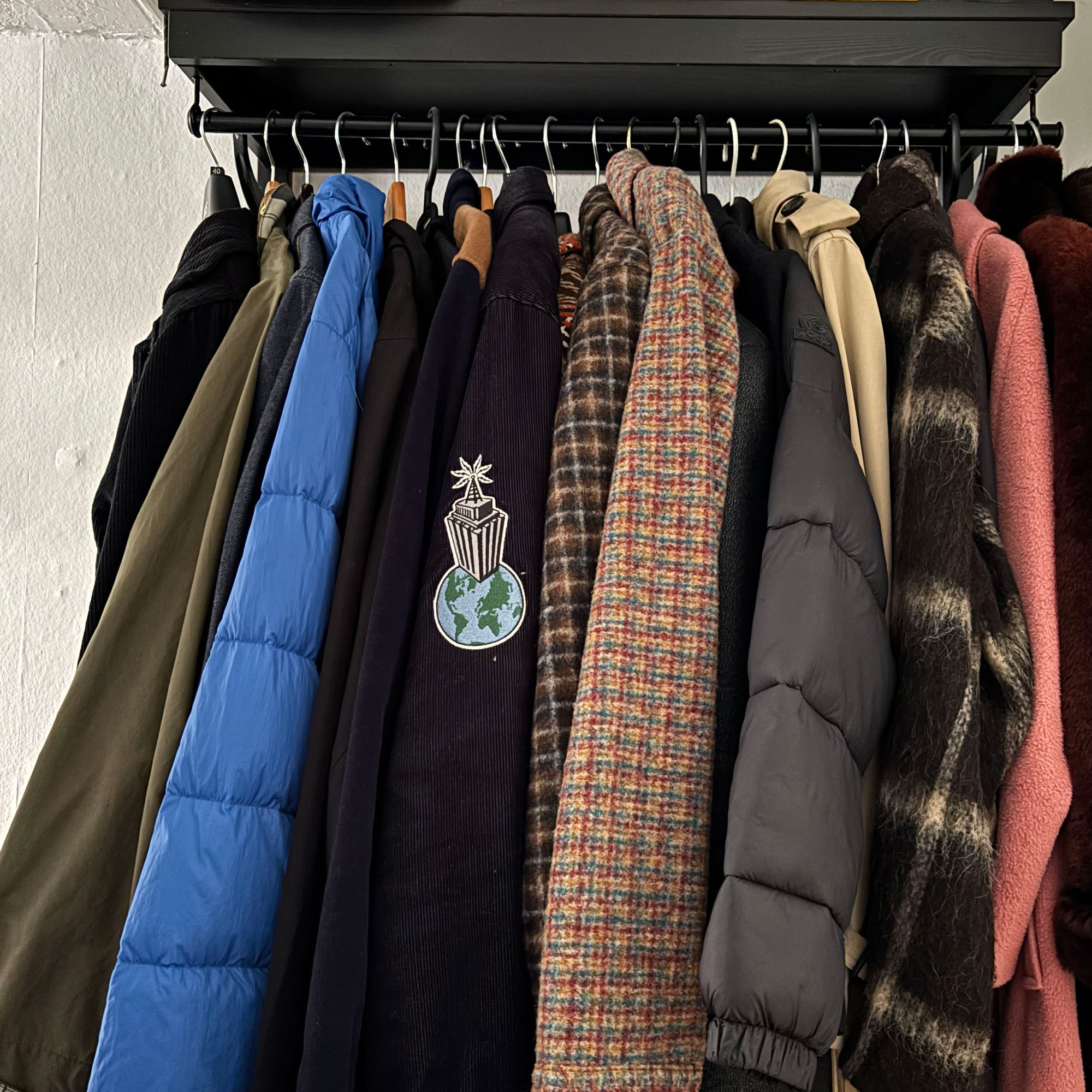 Coats hung up on a rack