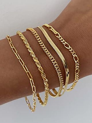 Dearmay Gold Bracelets for Women Trendy Gold Jewelry Set for Women Cuban Link Chain 14k Gold Plated Filled Figaro Paperclip Rope Herringbone Bracelet Pack 18k Gifts for Women