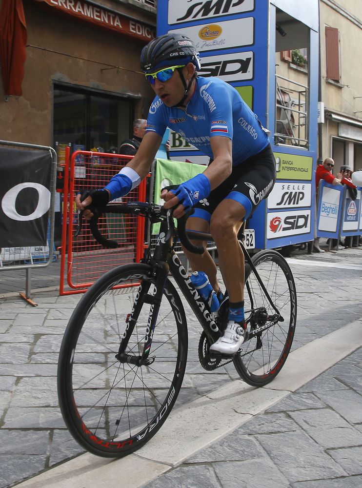Sergey Firsanov (Gazprom-Rusvelo) drives to the finish of stage 2 at Coppi e Bartali