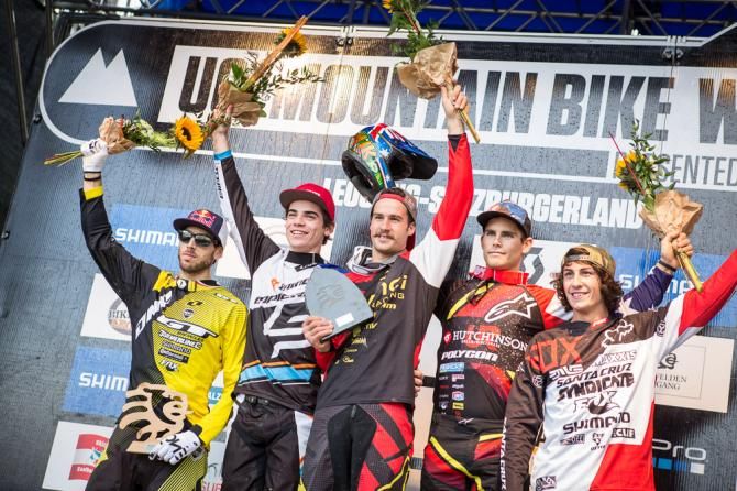 Elite men's downhill World Cup podium in Leogang