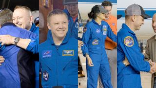 A composite image of four astronauts in blue flight suits being greeted as they arrived home in Houston after an extended space mission