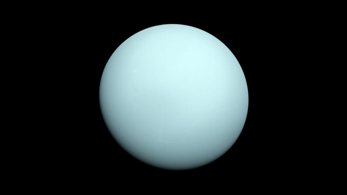 This is an image of the planet Uranus taken by the spacecraft Voyager 2 in 1986. NASA &amp; JPL-Caltech.