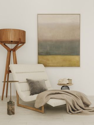 living room with wooden sculptural lamp by Joshua Smith