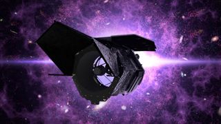 A space telescope observing a web of purplish-pink nebula