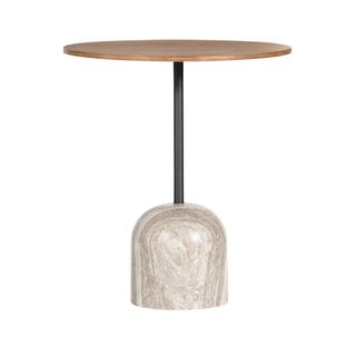 A bistro table with marble base and oak top