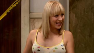 Kaley Cuoco in a heart tank top with bangs in The Big Bang Theory pilot.