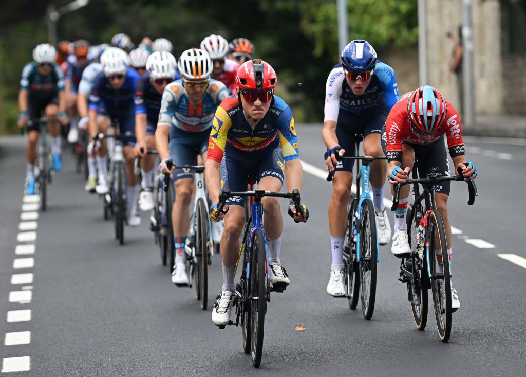 PADRON SPAIN AUGUST 28 LR Sam Oomen of The Netherlands and Team Lidl Trek Marco Frigo of Italy and Team Israel Premier Tech compete in the breakaway during the La Vuelta 79th Tour of Spain 2024 Day 11 a 1665km stage from Padron to Padron UCIWT on August 28 2024 in Padron Spain Photo by Dario BelingheriGetty Images