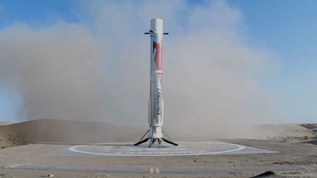 The first stage of Landspace's Zhuque-3 rocket rests on its landing pad shortly after its historic touchdown on Aug. 18, 2026.