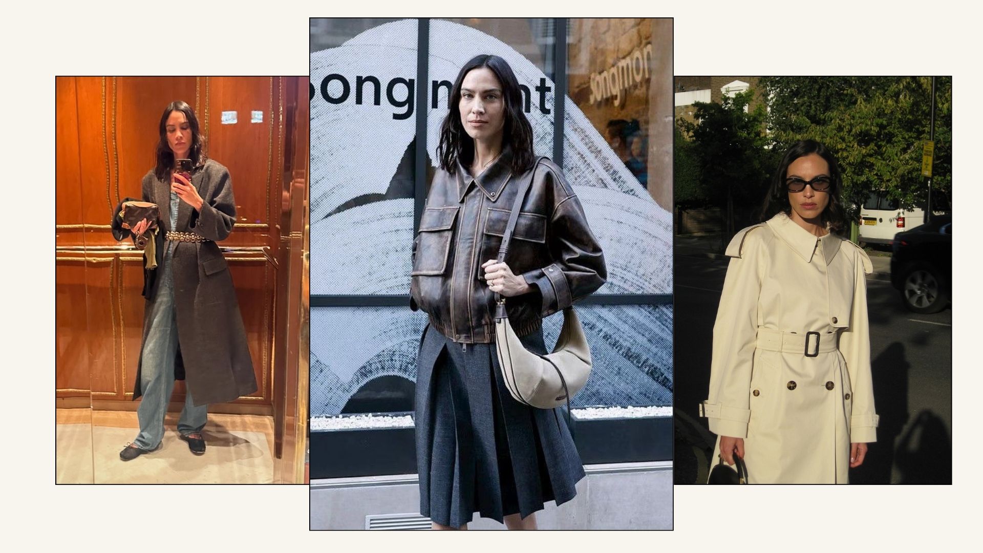 Collage of Alexa Chung&#039;s winter outfits.