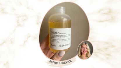 An image of Davines DeDe shampoo next to an image woman & home beauty editor fiona mckim smiling with blonde hair
