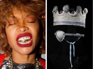 Erykah Badu wears eagle teeth grillz; Slick Rick's diamond-studded eye patch and costume crown