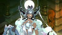 Hades 2 character portrait of Selene in a white dress and moon iconography