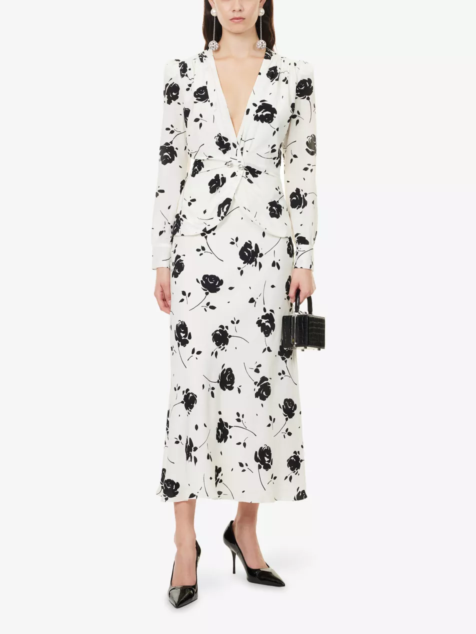 Rose-Print V-Neck Silk Midi Dress - 6