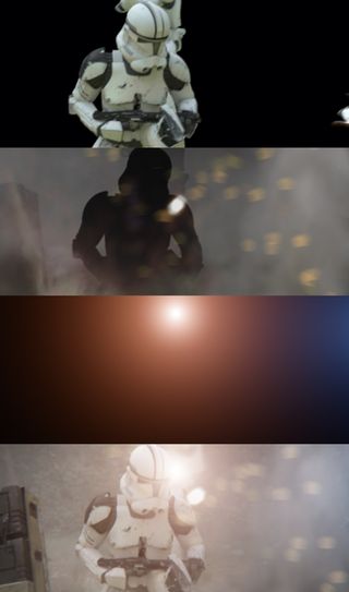 The different passes of a typical clone trooper shot: beauty, environment and light effects