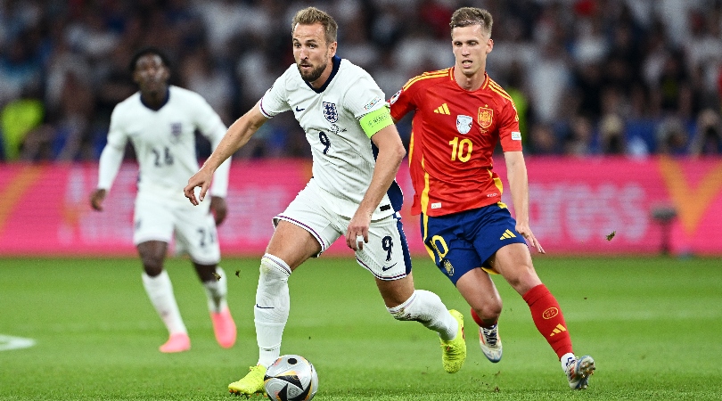 England's Harry Kane and Spain's Dani Olmo compete for the ball in the final of Euro 2024.