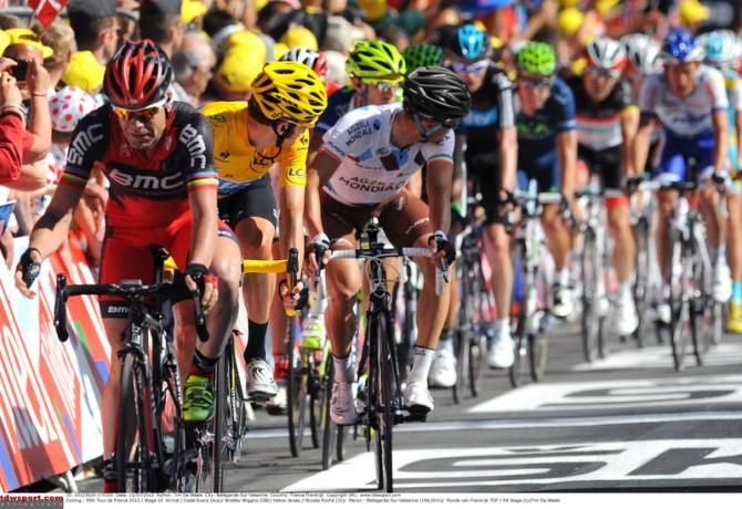 Cadel Evans (BMC) crosses the line and everyone looks back to check the time gaps