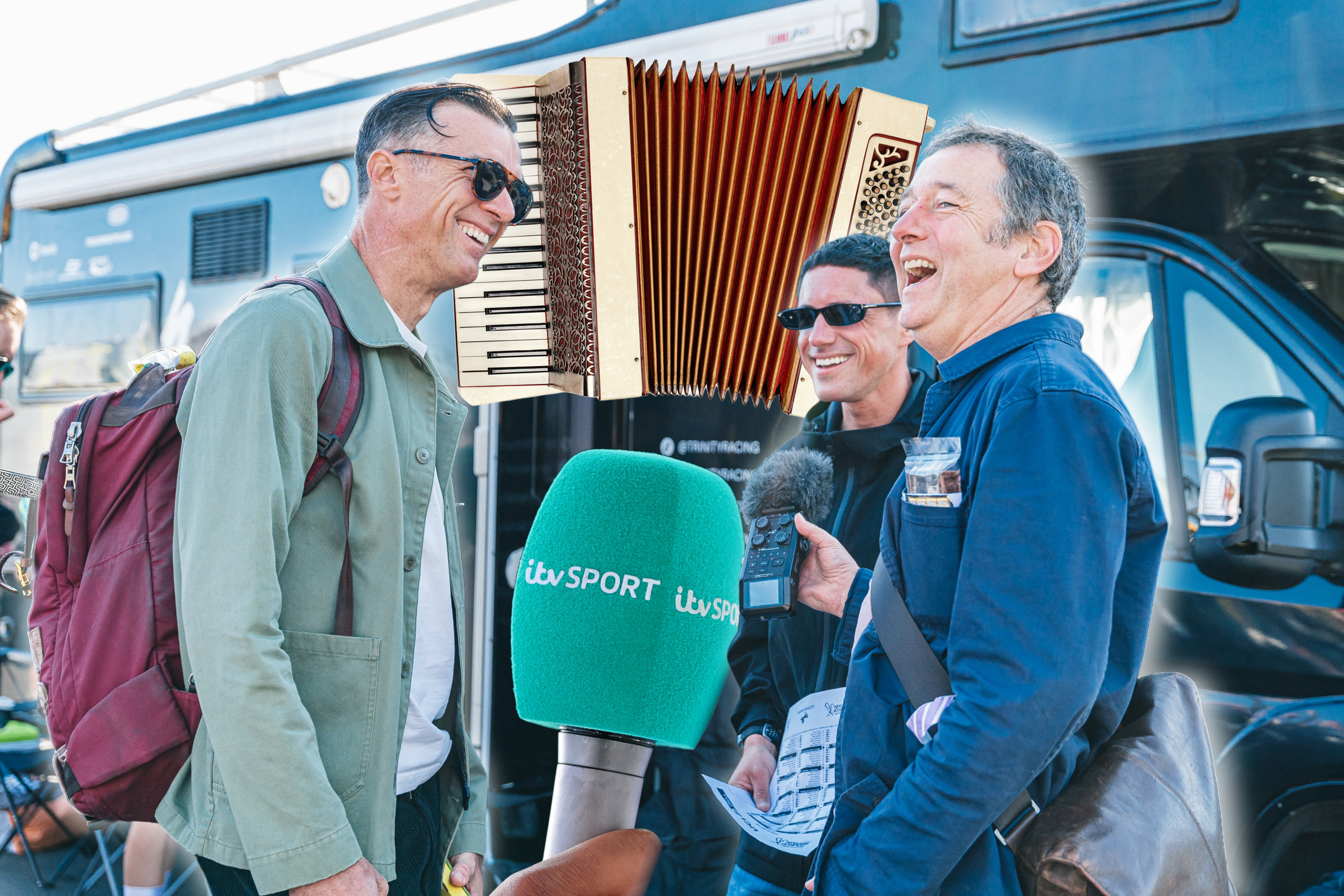 David Millar and Ned Boulting with an accordion behind their heads