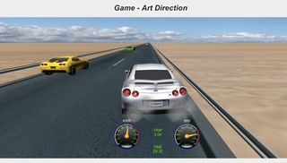 Art in the 3D scene: simple texture-mapped planes for ground, sky and guardrails; complex 3D models for cars and road signs