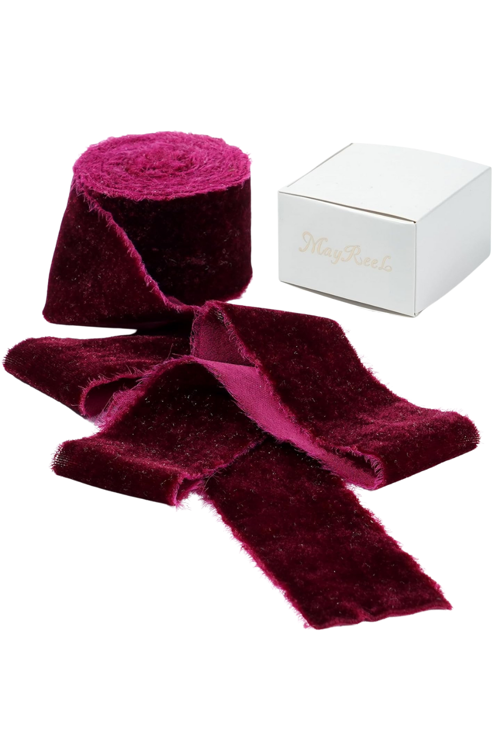 Mayreel Burgundy Velvet Ribbon - 2 Inch X 3 Yards, Frayed Edge Silk Velvet for Bridal Bouquet, Invitations, Wedding, Vow Books, Gift Basket, Hair Bows