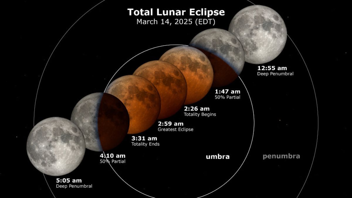 Grafik yang menunjukkan gerhana bulan total pada tahap yang berbeda pada waktu yang berbeda.