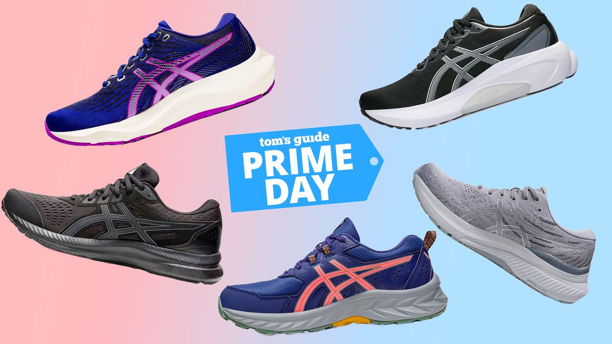 Five pairs of Asics running shoes that are on sale on a colorful background with a Prime Day logo