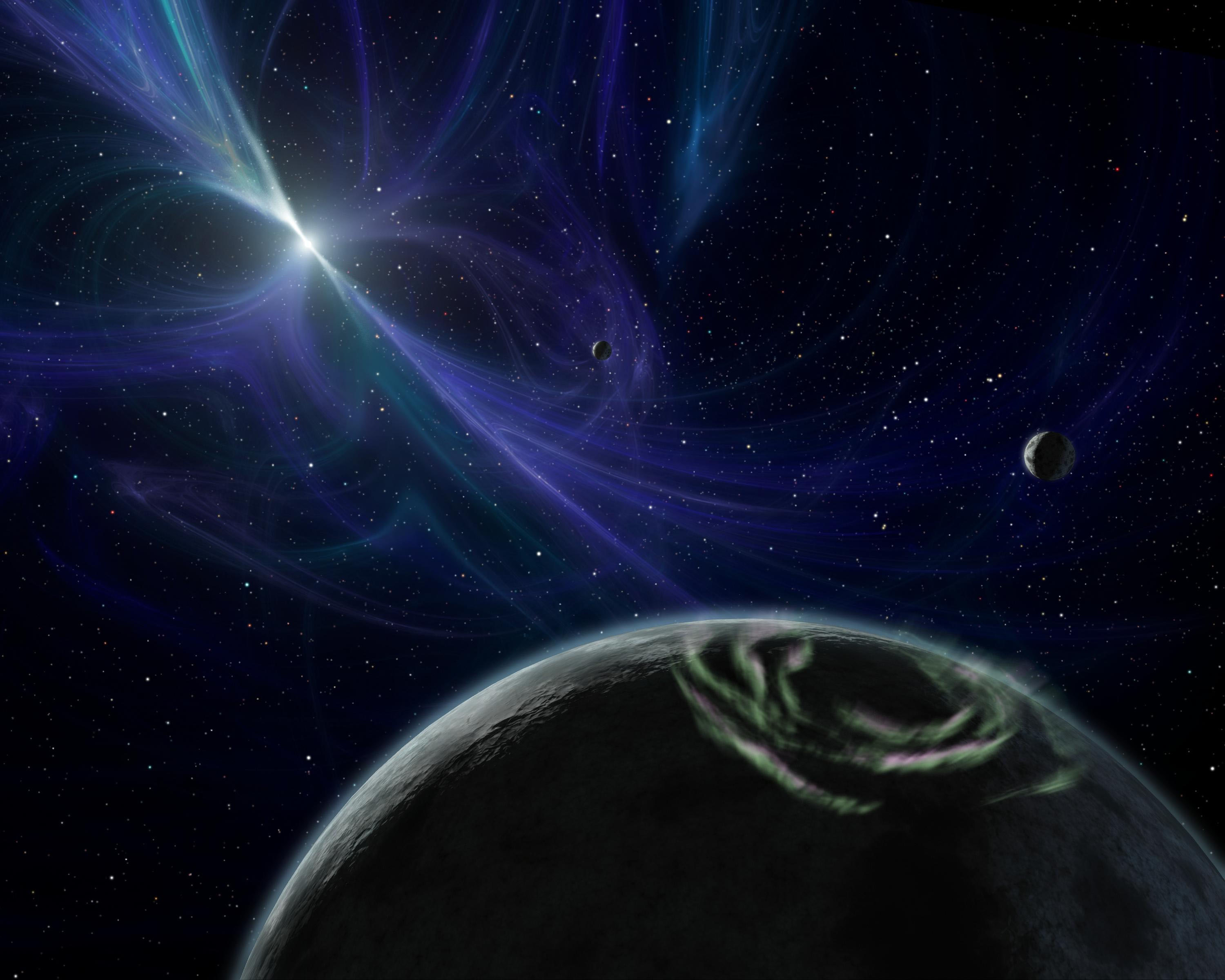 An illustration of a pulsar blasting an Earth-like world with deadly radiation