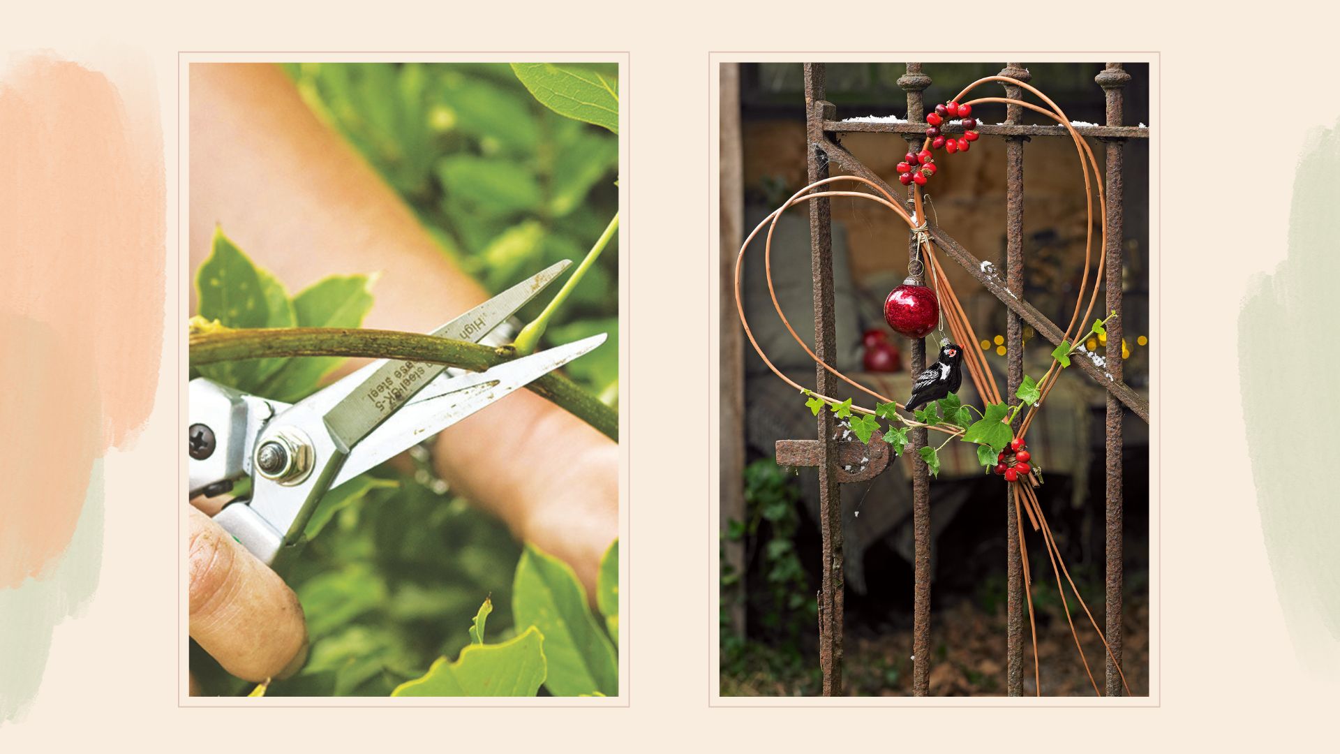 Composite image of a person pruning wisteria with a heart-shaped twig wreath