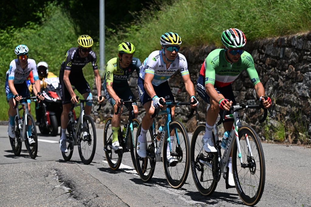 CARI SWITZERLAND JUNE 13 LR Damien Howson of Australia and Q365 Pro Cycling Team Ben Zwiehoff of Germany and Team BORA Hansgrohe Alexey Lutsenko of Kazakhstan and Astana Qazaqstan Team and Simone Velasco of Italy and Astana Qazaqstan Team compete in the breakaway during the 87th Tour de Suisse 2024 Stage 5 a 1486km stage from Ambri to Cari 1636m UCIWT on June 13 2024 in Cari Switzerland Photo by Tim de WaeleGetty Images
