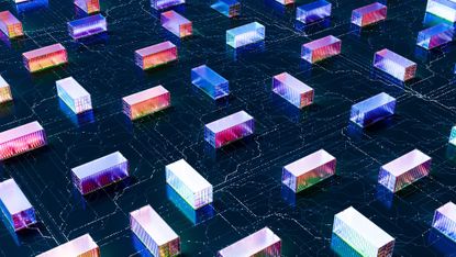 Illustration of glowing neon shipping containers positioned across an intricate digital circuit board.