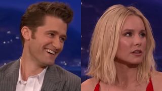 Side by side photos of Kristen Bell and Matthew Morrison on Conan