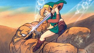 Link faces off against a Geldman in official art for The Legend of Zelda: A Link to the Past