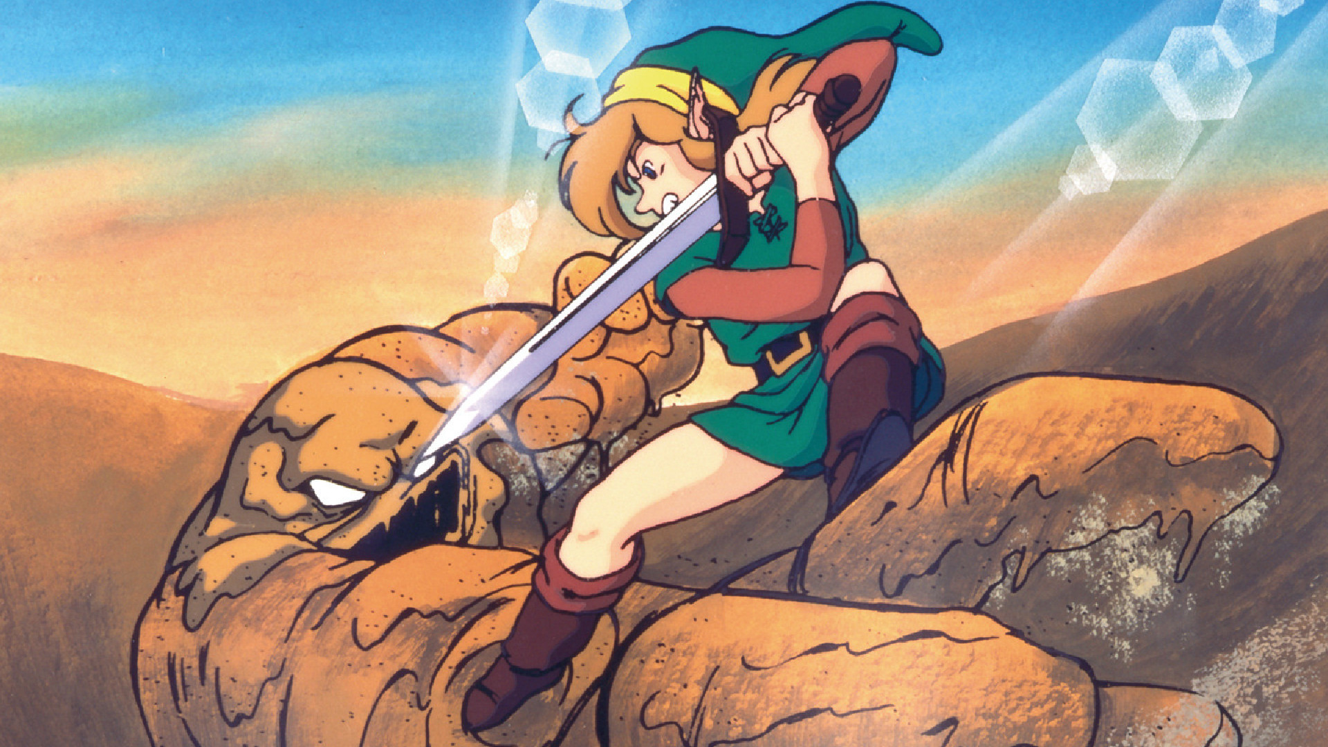 Link faces off against a Geldman in official art for The Legend of Zelda: A Link to the Past