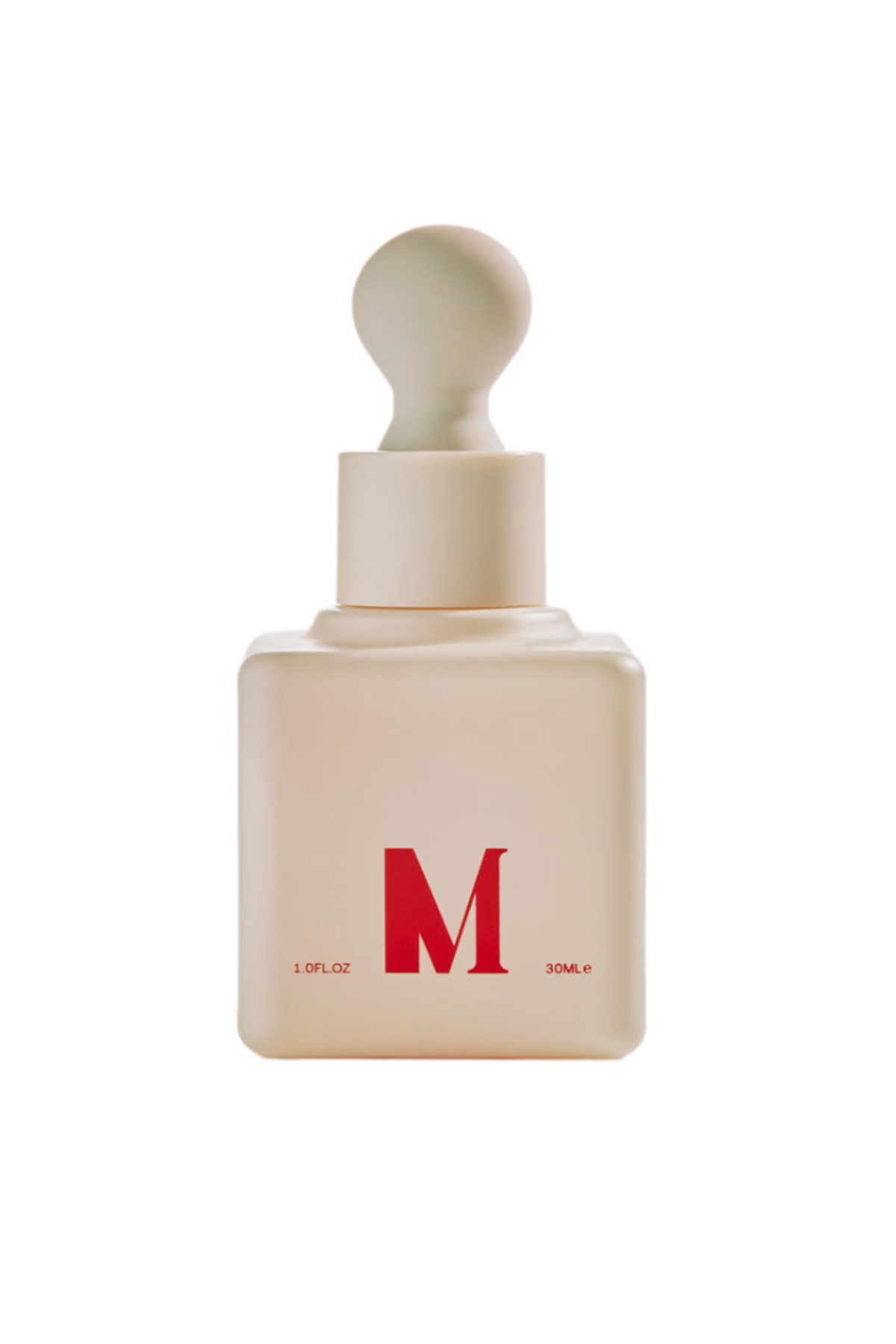 a tan dropper bottle with a red "M" on the front