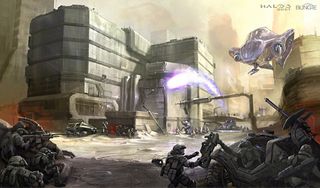 Conceptual artwork of the UNSC battling Covenant forces in the streets.