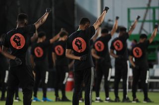 REUNION, FLORIDA - JULY 08: Players of MLS teams participate in a Black Lives Matter pre-game ceremony before match between Orlando City and Inter Miami as part of MLS is back Tournament at ESPN Wide World of Sports Complex on July 08, 2020 in Reunion, Florida.