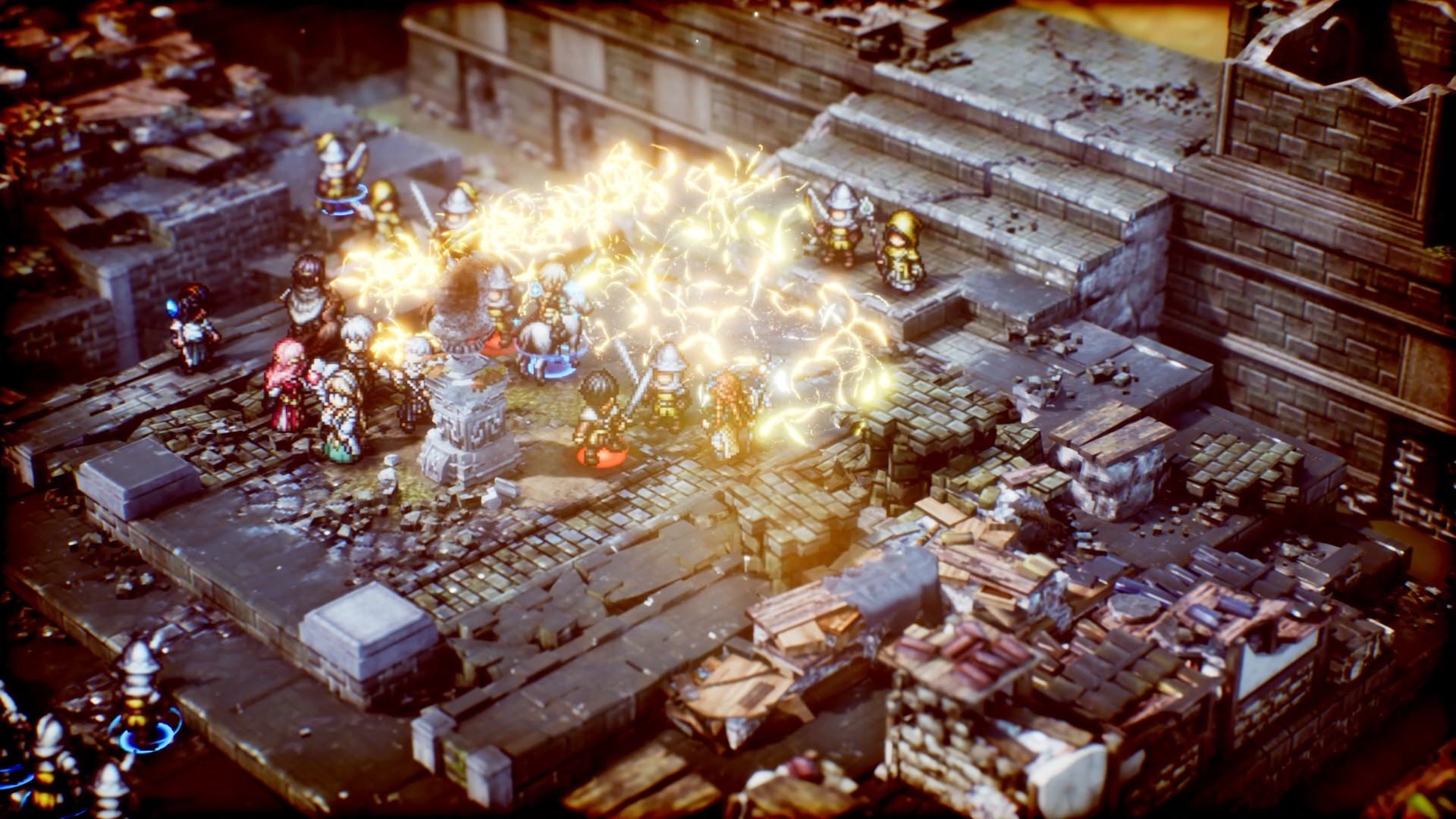 In Triangle Strategy, an explosive battle plays out on the battlefield with electricity lighting up water on the ground and striking armored enemies