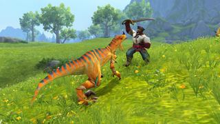 A World of Warcraft Orc pirate fighting off a raptor in a grassy zone
