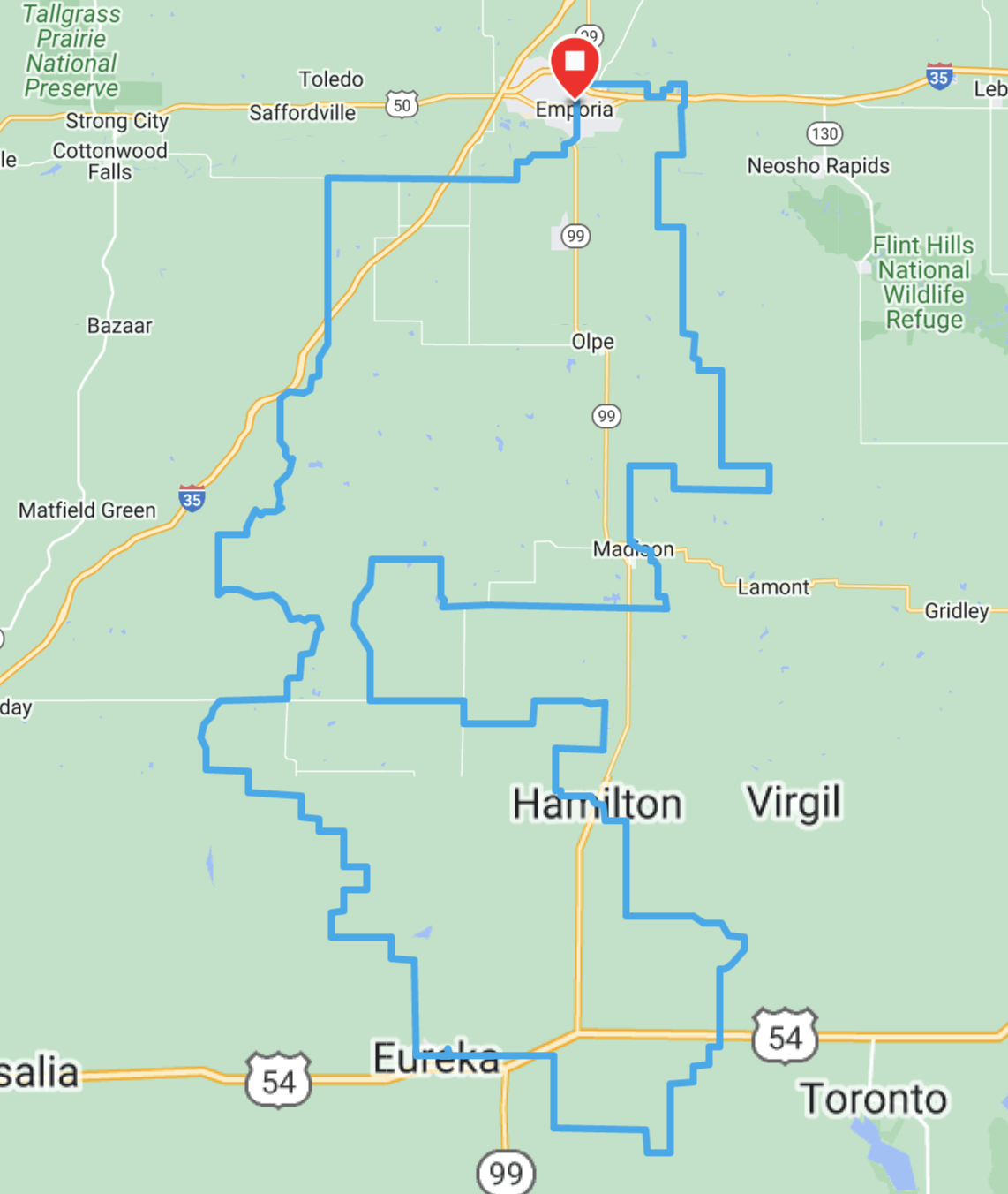 Route map of Unbound Gravel 200 for 2022