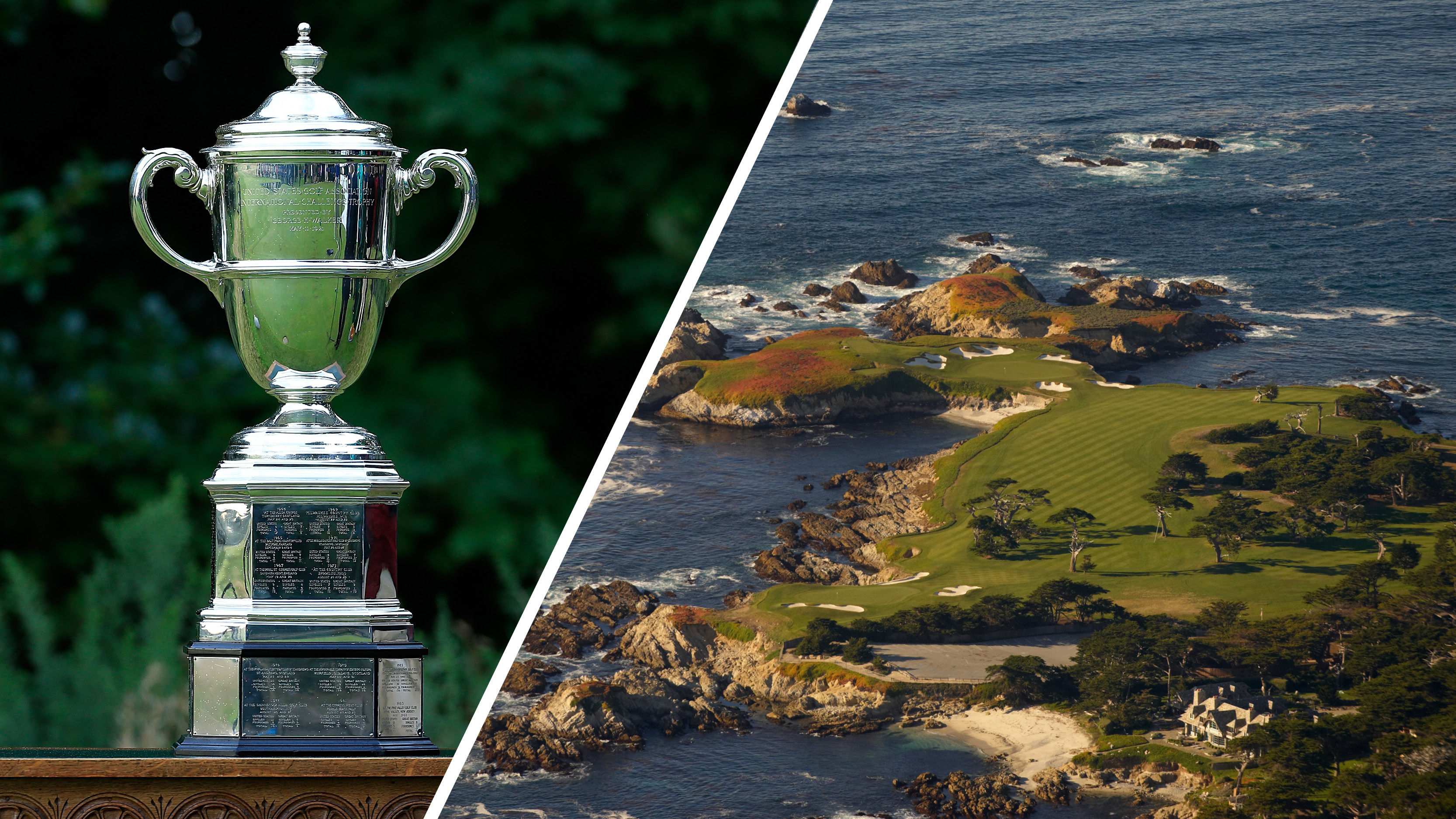 The Walker Cup (left) and an aerial view of Cypress Point (right)