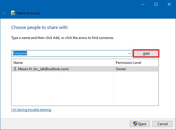 Select user or group to share files