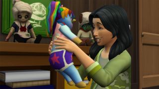 A child Sim from holding the rainbow-colored Pretty Pegasus doll from the Sims 4 Adventure Awaits expansion.