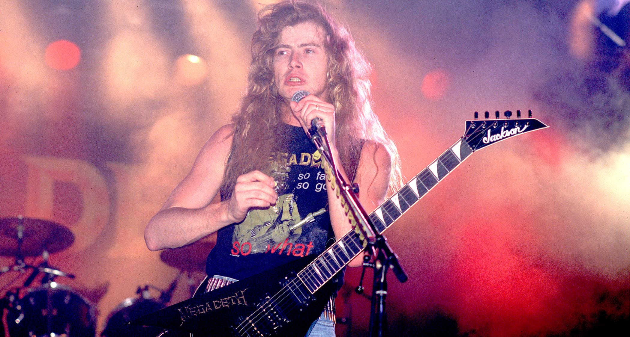 Dave Mustaine performs live with Megadeth in 1988 with a customized Jackson King V.