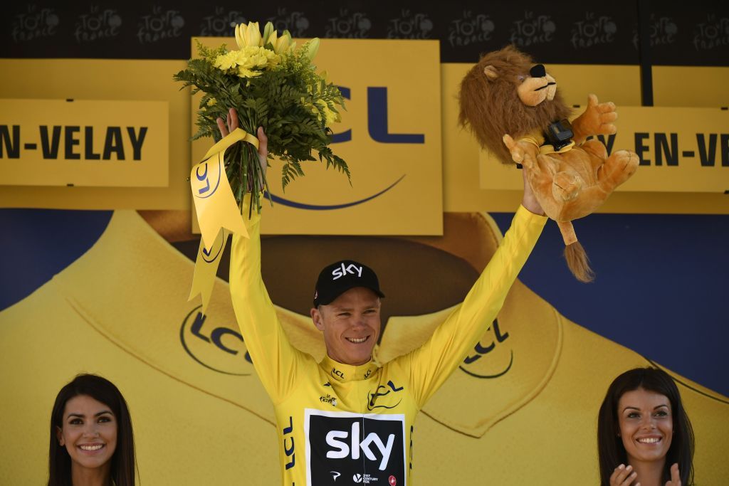 Chris Froome in yellow on the podium after stage 15 of the Tour de France
