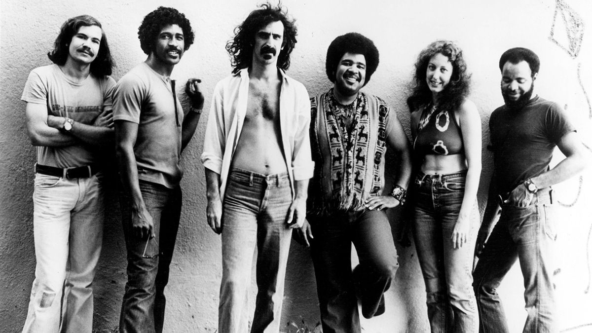 American rock group Frank Zappa and The Mothers of Invention, circa 1974. Left to right: bassist Tom Fowler, saxophonist Napoleon Murphy Brock, singer and guitarist Frank Zappa (1940 - 1993), keyboard player George Duke, marimba player Ruth Underwood and drummer Chester Thompson